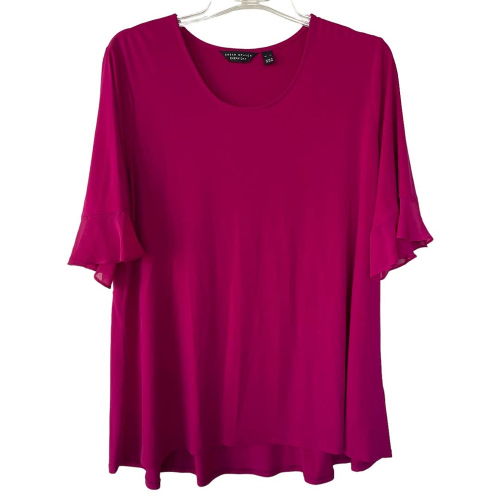 Susan Graver Fuscia Ruffle chiffon Sleeves short sleeve top size XL